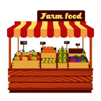Market wood stand with farm food and vegetables in box vector illustration. Wood market stand with fresh organic fruits. Market wood stand with farm food and vegetables in box vector illustration