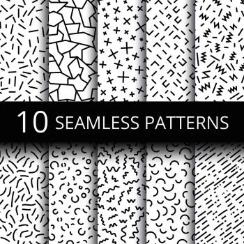 Funky memphis seamless vector patterns. 80s and 90s school fashion black and white texture backgrounds with simple geometric shapes. Background with abstract elements zigzag and curve illustration. Funky memphis seamless vector patterns. 80s and 90s school fashion black and white texture backgrounds with simple geometric shapes