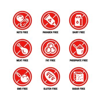 Food dietary symbols. Gmo free, no gluten, sugarless and allergy vector icons set. No sugar and gluten, ban gmo amd phosphate illustration. Food dietary symbols. Gmo free, no gluten, sugarless and allergy vector icons set