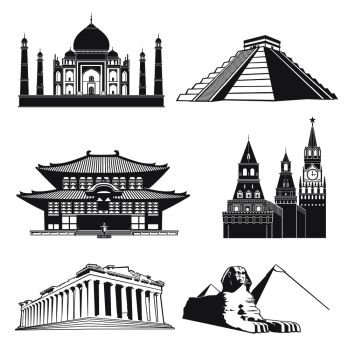 Travel silhouette landmarks with famous world monuments vector set. Famous monument statue and temple architecture illustration. Travel silhouette landmarks with famous world monuments vector set