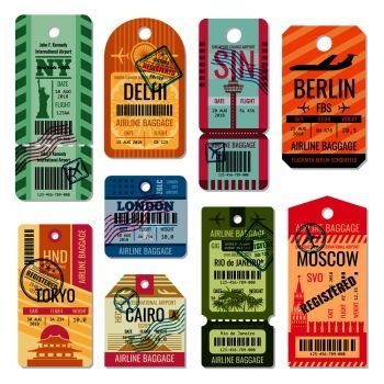 Vintage baggage tags and luggage labels vector set. Baggage tag and label for transportation illustration. Vintage baggage tags and luggage labels vector set