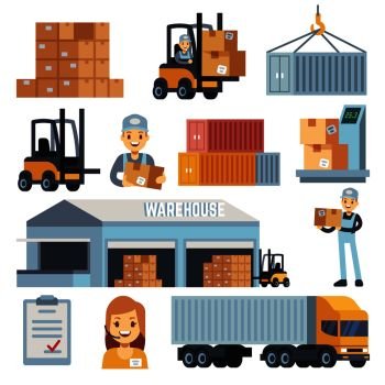 Merchandise warehouse and logistic flat vector icons with workers and equipment. Delivery and storage, warehouse and cargo box illustration. Merchandise warehouse and logistic flat vector icons with workers and equipment