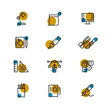 Office stationery thin line icons collection. Set of drawing color tools. Vector illustration. Office stationery thin line icons collection