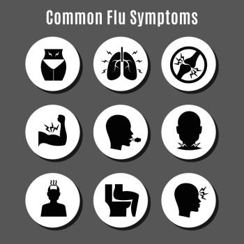 Flu influenza sickness symptoms icons on circles. Vector flat illustration. Flu influenza sickness symptoms icons