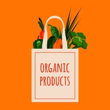 Bag with organic vegetables. Fresh organic food on paper bag. Vector illustration. Bag with organic vegetables