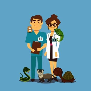 Flat veterinarian and exotic pets isolated on white. Veterinarian medical with snake and lizard. Vector illustration. Flat veterinarian and exotic pets isolated on white