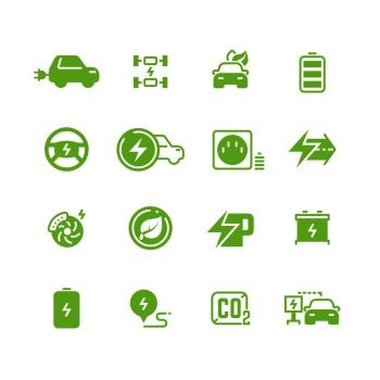 Electrical charge symbols and electric car eco transportation pictograms. Vector electric transport symbol, illustration of energy for automobile. Electrical charge symbols and electric car eco transportation pictograms