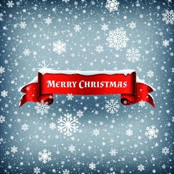 Merry Christmas celebration background with falling snow and red banner ribbon vector illustration. Xmas ribbon banner with snowflake. Merry Christmas celebration background with falling snow and red banner ribbon vector illustration