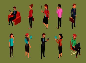 Different office people sitting and standing, using gadgets. Isometric woman and men vector illustration. People of female and male sitting and standing. Different office people sitting and standing, using gadgets. Isometric woman and men vector illustration