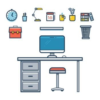 Office workspace objects in linear style for design - make you workplace vector. Office workspace objects in linear style for design