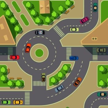 Urban cars seamless texture. Vector background. Road intercharge with cars. Transportation highway junction illustration. Urban cars seamless texture. Vector background. Road intercharge with cars