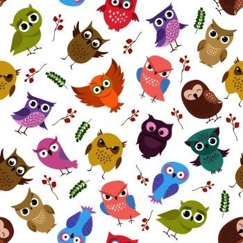 Cute owls vector seamless pattern. Color forest bird animal illustration. Cute owls vector seamless pattern