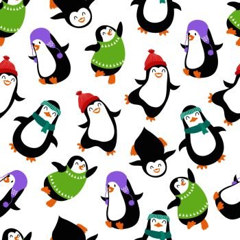 Cute christmas baby penguins vector seamless pattern. Illustration of penguin animal background illustration. Cute christmas baby penguins vector seamless pattern