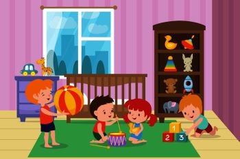 Children playing with toys in playroom of kindergarten vector illustration. Room with boy and girl, kids room in kindergarten. Children playing with toys in playroom of kindergarten vector illustration