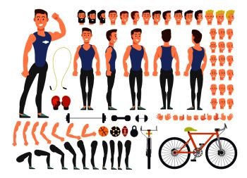 Cartoon man athlete vector character constructor with set of body parts and sports equipment. Character man with sport, equipment illustration. Cartoon man athlete vector character constructor with set of body parts and sports equipment