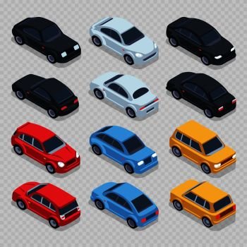 Isometric 3d cars set isolated on transparent background. Set transport isometric automobile, vector illustration. Isometric 3d cars set isolated on transparent background