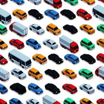 Urban cars seamless texture. Vector background. Isometric cars. Seamless pattern color car illustration. Urban cars seamless texture. Vector background. Isometric cars