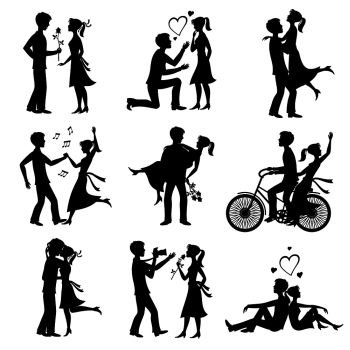 Happy couples in love just married bride and groom vector black silhouettes. Black bride and groom, wife and husband, wedding woman and man illustration. Happy couples in love just married bride and groom vector black silhouettes
