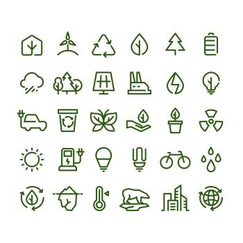 Eco and green environment vector line icons. Ecology and recycling outline symbols. Green energy environment, eco recycling power illustration. Eco and green environment vector line icons. Ecology and recycling outline symbols