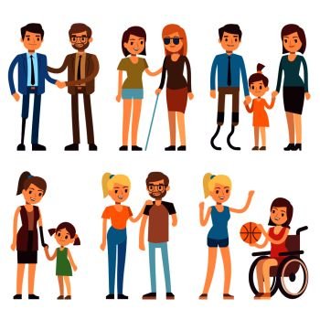 Happy disabled people in sport and social activities. Vector flat characters set. Disabled person in wheelchair illustration. Happy disabled people in sport and social activities. Vector flat characters set