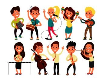Schoolkids playing music on stage. Children musicians performing music show. Musical guitar and musician, playing and performance concert. Vector illustration. Schoolkids playing music on stage. Children musicians performing music show