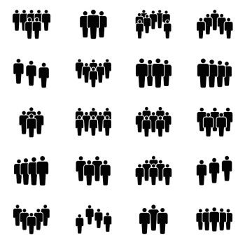 Human persons crowd vector black icons. Office people figures signs. Social teamwork community, crowd partnership illustration. Human persons crowd vector black icons. Office people figures signs
