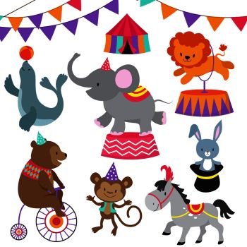 Circus child show cartoon animals vector set. Circus carnival with animals lion bear, elephant and monkey illustration. Circus child show cartoon animals vector set