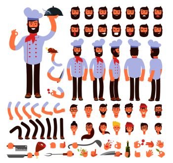 Cartoon chef animated vector creation character. Professional male cook with various body parts, face emotion and kitchen tools. Chef person animation standing illustration. Cartoon chef animated vector creation character. Professional male cook