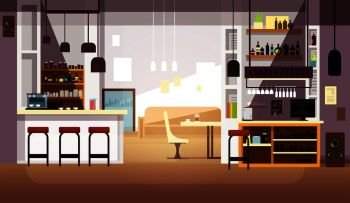Modern empty bar or coffee shop vector flat interior. Restaurant and coffee shop, cafe indoor room illustration. Modern empty bar or coffee shop vector flat interior
