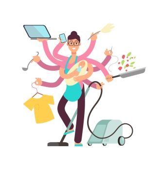 Super busy mother working and cooking simultaneously vector concept. Busy and cooking, mother with baby and work illustration. Super busy mother working and cooking simultaneously vector concept