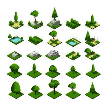 Isometric 3d nature elements. Forest and city park trees and plants. Vector map graphics. Wood and park green nature part, natural eco isometric illustration. Isometric 3d nature elements. Forest and city park trees and plants. Vector map graphics