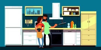 Happy couple cooking in kitchen vector illustration. Man and woman happy on kitchen cooking. Happy couple cooking in kitchen vector illustration