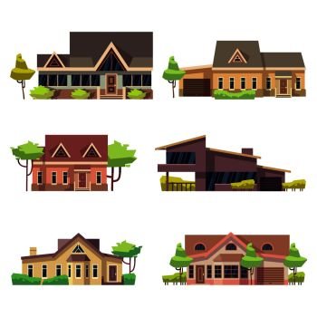 Private residential cottage houses icons. Colored flat vector illustration. Home building cottage collection. Private residential cottage houses icons. Colored flat vector illustration