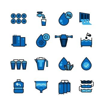 Dirty effluent water treatment plant and water filter for sewage sludge vector icons set. Sewage water, system purification illustration. Dirty effluent water treatment plant and water filter for sewage sludge vector icons set