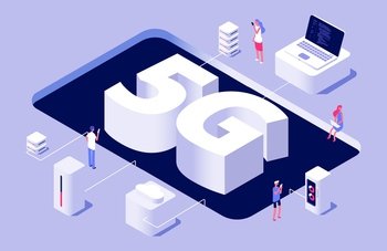 5G concept. Vector 5g wireless technology illustration with tiny people laptop cloud storage. 5g technology isometric, laptop connerct to internet. 5G concept. Vector 5g wireless technology illustration with tiny people laptop cloud storage
