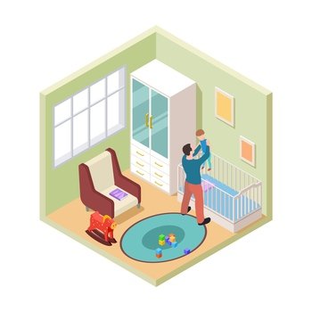 Nursery interior. Isometric father and son in kids room. Vector nursery room furniture. Parenthood and nursery to baby boy illustration. Nursery interior. Isometric father and son in kids room. Vector nursery room furniture