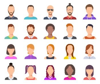 Flat avatars. Male and female heads, business persons portraits. Users cartoon faces vector set. Illustration profile person avatar, anonymous woman and man portrait. Flat avatars. Male and female heads, business persons portraits. Users cartoon faces vector set