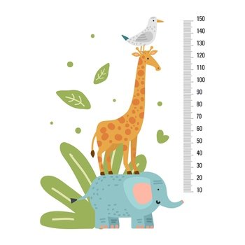 Height measure. Measuring ruler children, growth scale for kindergarten, pediatric or school with giraffe. Vector animals wall sticker. Illustration stadiometer height, giraffe and animal. Height measure. Measuring ruler children, growth scale for kindergarten, pediatric or school with giraffe. Vector animals wall sticker