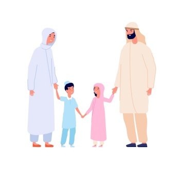 Muslim arabic family. Arab kids, islam mother father children. Cartoon boy and girl in hijab, isolated adults and youngs vector characters. Mother and father islam with characters kids illustration. Muslim arabic family. Arab kids, islam mother father children. Cartoon boy and girl in hijab, isolated adults and youngs vector characters