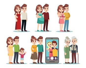 Happy family stages. Cartoon kid parents, young mom father and baby. Isolated pregnant woman, couple with newborn, video call with son. Male female different ages vector illustration. Happy family stages. Cartoon kid parents, young mom father and baby. Isolated pregnant woman, video call with son. Male female different ages vector illustration