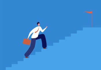 Career goal. Man running stairs, successful path in business. Run up staircase, manager going to target step by step vector illustration. Businessman development run up, progress career. Career goal. Man running stairs, successful path in business. Run up staircase, manager going to target step by step vector illustration