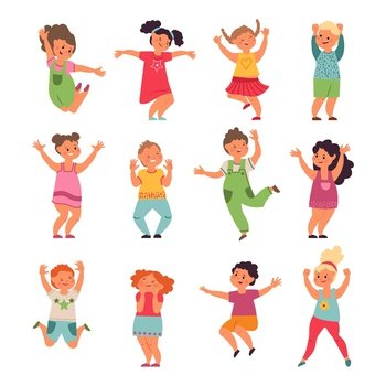 Happy kids. Cartoon children, preschool jumping girls boys. Emotional little funny people playing, isolated cute active friends vector set. Illustration child emotion, preschool children illustration. Happy kids. Cartoon children, preschool jumping girls boys. Emotional little funny people playing, isolated cute active friends vector set