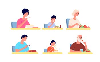 People eating. Girl eat noodle, young adult woman man in cafe or restaurant. Fast food, breakfast dinner or lunch utter vector characters. Illustration eat delicious, eating yummy and hungry. People eating. Girl eat noodle, young adult woman man in cafe or restaurant. Fast food, breakfast dinner or lunch utter vector characters