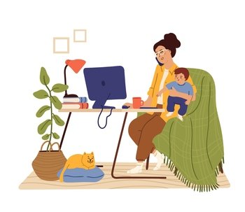 Mother work from home. Working mom, busy freelancer holding baby. Woman sitting desk talk phone swanky vector concept. Illustration mother with baby freelance, woman freelancer busy child and work. Mother work from home. Working mom, happy busy freelancer holding baby. Flat woman sitting computer desk talk phone swanky vector concept