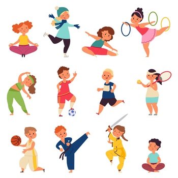 Different sport kids. Physical activity characters, small children doing exercise. Kid gym, toddler enjoying play decent vector set. Illustration cartoon girl and boy, activity fitness running. Different sport kids. Physical activity characters, small children doing exercise. Kid gym, isolated toddler enjoying play decent vector set