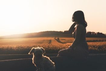 Millennial girl in a dress sitting with her dog, relaxing, near a rapeseed field, at sunset, in South Moravia region, Czech Republic.