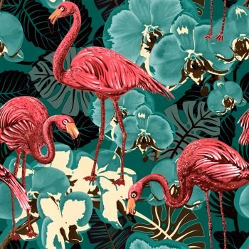 Flamingo on a background,. Seamless pattern with flamingos and tropical plants. Vector clipart. Colorful pattern for textile, cover, wrapping paper, web. Green and pink seamless vector floral pattern background with tropical palm leaves, flamingo. Seamless pattern with flamingos and tropical plants. Vector clipart.