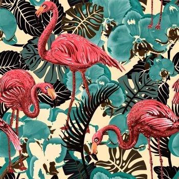 Green and pink seamless vector floral pattern background with tropical palm leaves, flamingo. Seamless pattern with flamingos and tropical plants.. Green and pink seamless vector floral pattern background with tropical palm leaves, flamingo. Seamless pattern with flamingos and tropical plants. Vector clipart.
