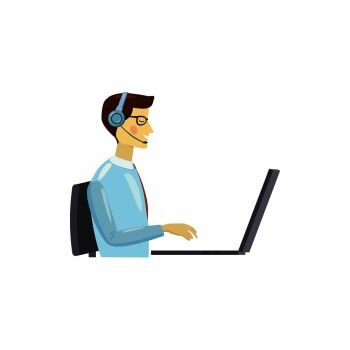 Operator in a headset with laptop icon in cartoon style on a white background. Operator in a headset with laptop icon