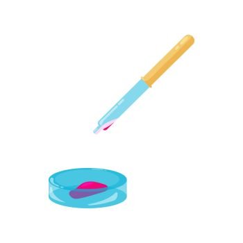 Pipette and petri dish with red liquid icon in cartoon style on a white background. Pipette and petri dish with red liquid icon